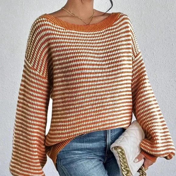 Orange Casual Women's Contrast Striped Print Off-Shoulder Long Sleeve Sweater - Picture 7 of 7